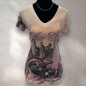 y2k new york multicolor burnout rhinestone graphic top medium
